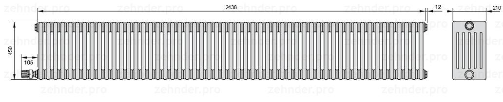 Схема (чертеж) Радиатор Zehnder Charleston 6045/53 №V004 Белый глянцевый RAL 9016